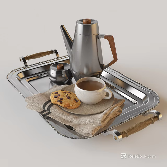 Stainless Steel Electric Kettle on Silver Tray with Coffee Cup Chocolate Chip Cookie and Cloth 3d model 