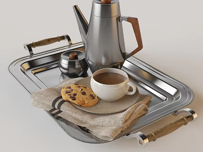 Stainless Steel Electric Kettle on Silver Tray with Coffee Cup Chocolate Chip Cookie and Cloth 3d model