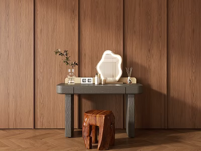 Modern Dressing Table with Unique Shaped Mirror Vase Plants and Elephant Stool Against Wooden Wall 3d model