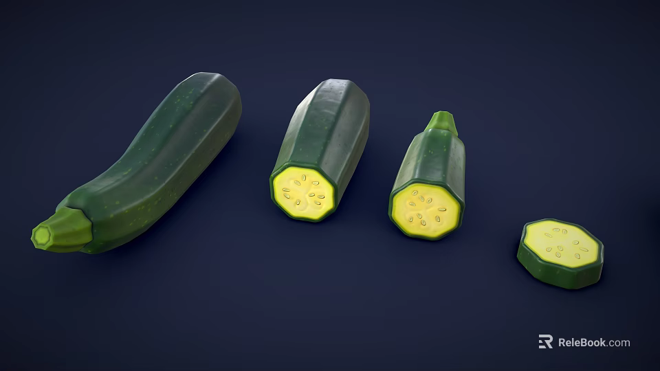 Fresh Zucchini Whole and Sliced On Dark Background Displaying Inner Texture 3d model 