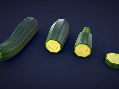 Fresh Zucchini Whole and Sliced On Dark Background Displaying Inner Texture 3d model