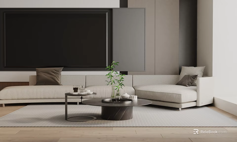 Modern Living Room Three Seater Sofa With Light Colored Design Coffee Table Plant Glasses And TV Backdrop 3d model 