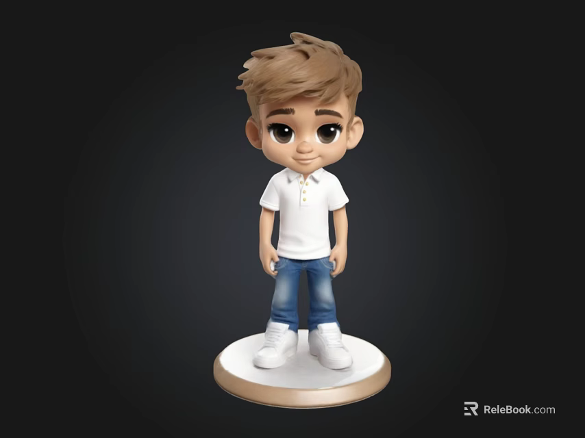 Cartoon Boy Figurine With Brown Short Hair White Polo Shirt And Blue Jeans 3d model 