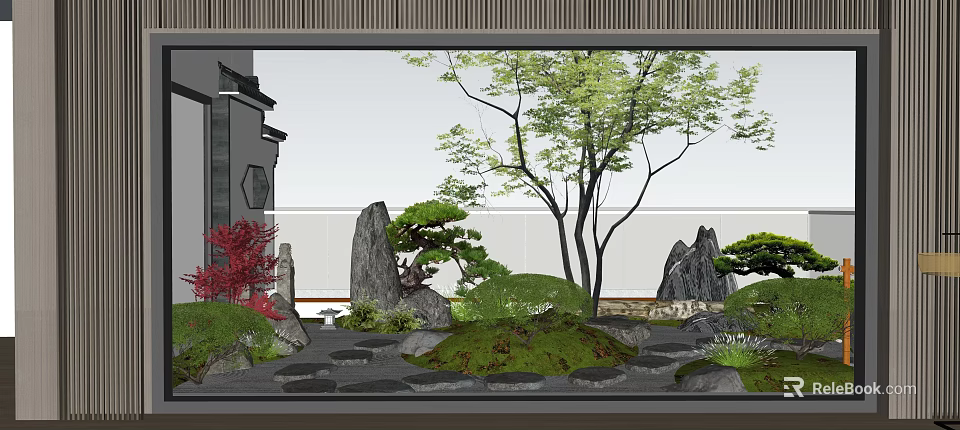 Roof Garden Natural Landscape With Trees Rocks Greenery And Stone Pathway 3d model 
