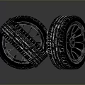 Multiple Stacked Black Tires With Exposed Rims On Dark Reflective Surface
