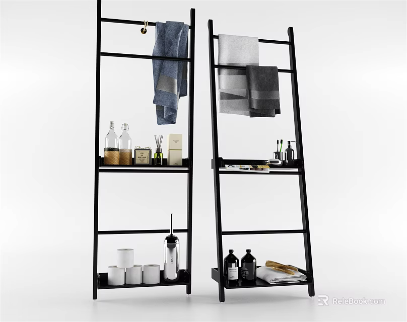 Black Bathroom Ladder Shelf Organizer With Hanging Towels And Toiletries Storage for Bathroom Essentials 3d model 