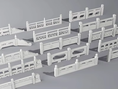 Different Traditional Chinese White Fence Designs With Carved Patterns And Railings 3d model