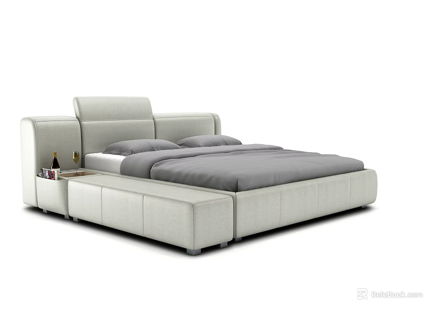 Modern Double Bed with Upholstered Headboard Light Gray Fabric and Side Storage 3d model
