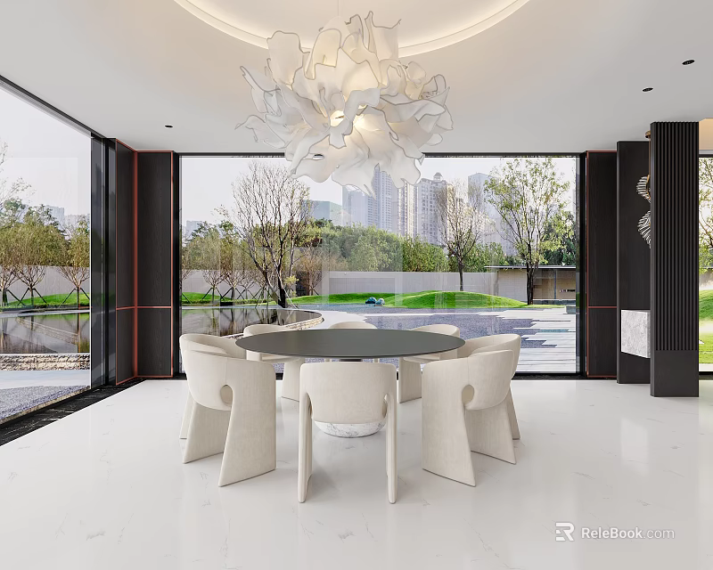 Modern Restaurant Interior With Round Dining Table White Chairs Large Windows And Outdoor Green View 3d model 