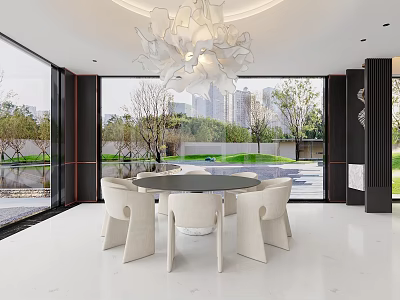 Modern Restaurant Interior With Round Dining Table White Chairs Large Windows And Outdoor Green View 3d model