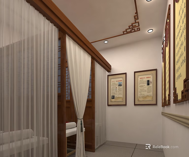 Elegant Beauty Salon Interior With Wooden Frames White Curtains And Massage Bed 3d model 