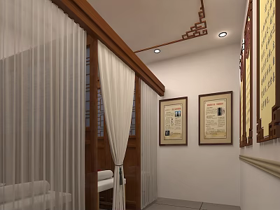 Elegant Beauty Salon Interior With Wooden Frames White Curtains And Massage Bed 3d model