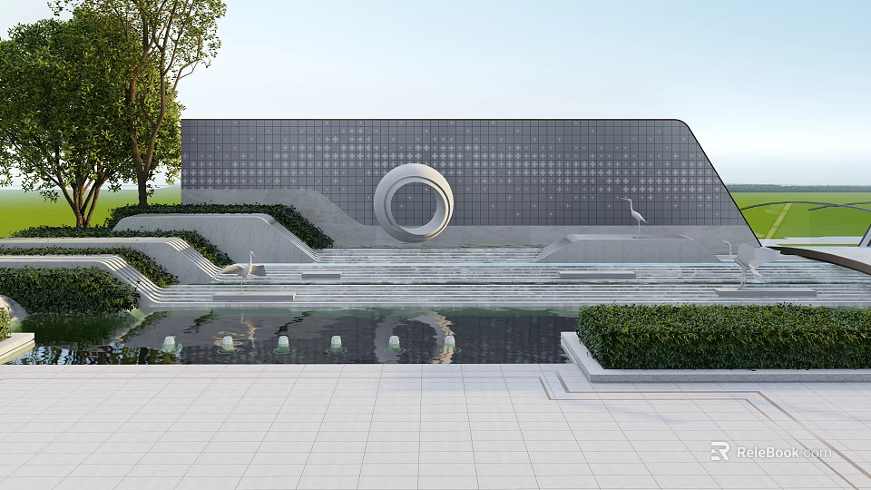 Grey Stone Feature Wall With Circular Sculpture Water Pool Steps And Crane Statue 3d model