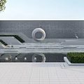 Grey Stone Feature Wall With Circular Sculpture Water Pool Steps And Crane Statue 3d model