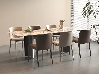 Modern Dining Table With Marble Top And Mixed Color Chairs Plus Decorative Vase In Bright Room 3d model