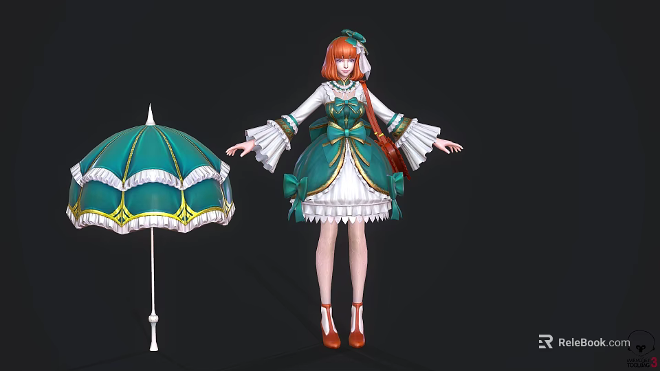 Red Haired Character In Green And White Dress With Green Umbrella And White Yellow Trimmings 3d model 