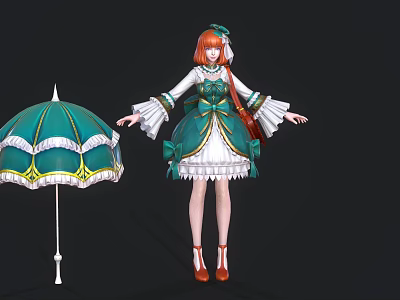 Red Haired Character In Green And White Dress With Green Umbrella And White Yellow Trimmings 3d model