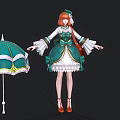 Red Haired Character In Green And White Dress With Green Umbrella And White Yellow Trimmings