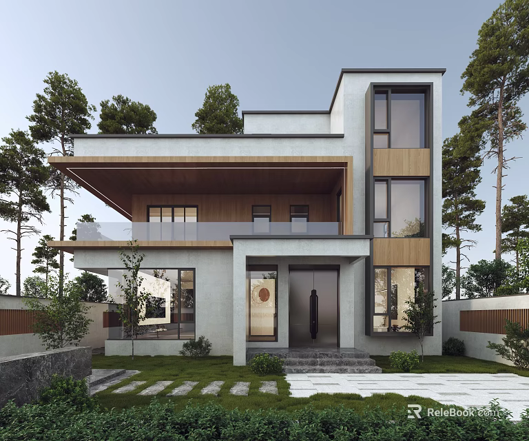 Modern Two Story Detached Villa Exterior With Glass Windows Wooden Accents And Garden Surroundings 3d model 