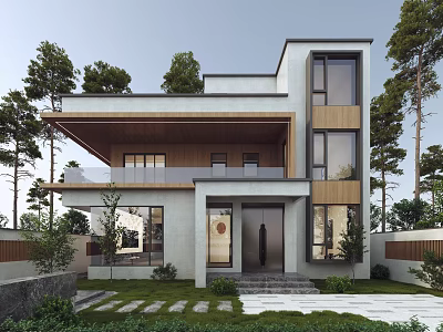 Modern Two Story Detached Villa Exterior With Glass Windows Wooden Accents And Garden Surroundings 3d model