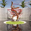 Abstract Sculpture with Red Gold Flowing Ribbons Central White Sphere Palm Trees and Reflecting Pool