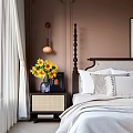 Elegant Bedroom Interior With Brown Walls White Bedding Chandelier And Patterned Rug