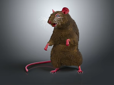 Brown Rat Standing With Red Ears Paws Tail And White Whiskers On Gray Background 3d model