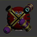 Red Mechanical Sphere Featuring Yellow Cross Straps Purple Gold Components And Glowing Blue Eyes