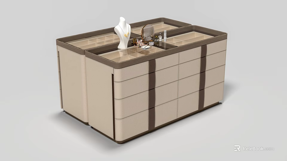 Modern Kitchen Interior With Beige Brown Island Cabinet And Decorative Items 3d model