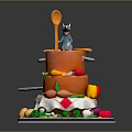 Decorative Two Tiered Pot Shaped Food Display With Vegetables Spoon And Mouse Figure