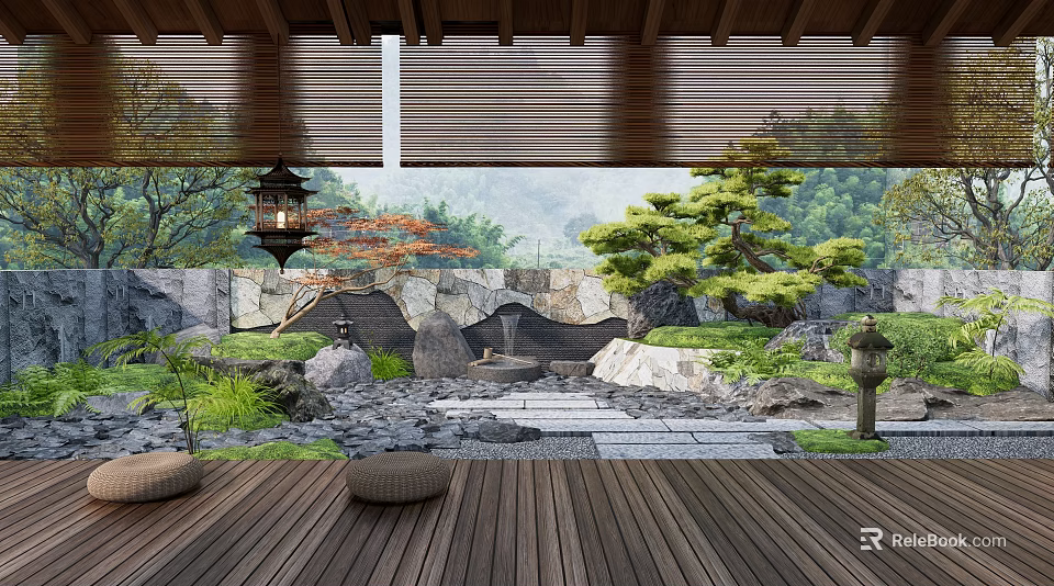 Rockery Stones in Japanese Garden with Wooden Deck Stone Lantern Plants and Mountain View Trees 3d model 