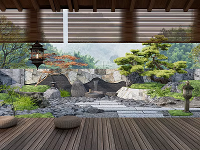 Rockery Stones in Japanese Garden with Wooden Deck Stone Lantern Plants and Mountain View Trees 3d model