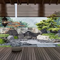 Rockery Stones in Japanese Garden with Wooden Deck Stone Lantern Plants and Mountain View Trees