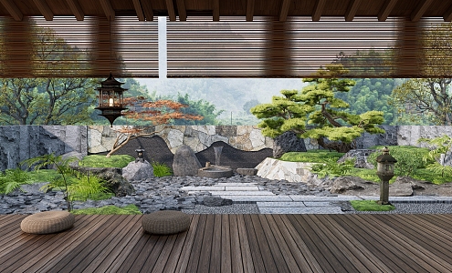 Courtyard Garden Zen Courtyard Landscape Rockery Waterscape Courtyard Door Moss Micro Terrain Dry Landscape Stone Water Bowl Luo Han Pine Red Maple 3d model