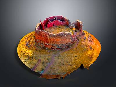Ancient Fortress Ruins Red Orange Circular Structure with Weathered Stone Walls on Yellow Terrain 3d model