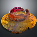 Ancient Fortress Ruins Red Orange Circular Structure with Weathered Stone Walls on Yellow Terrain
