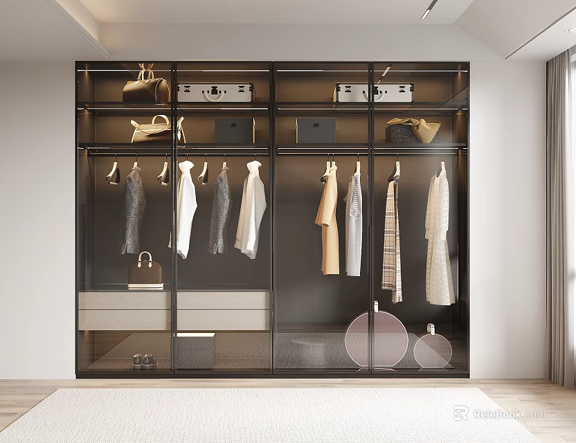 Modern Glass Door Wardrobe With Hanging Clothes Bags And Storage Drawers 3d model 