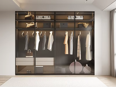 Modern Glass Door Wardrobe With Hanging Clothes Bags And Storage Drawers 3d model
