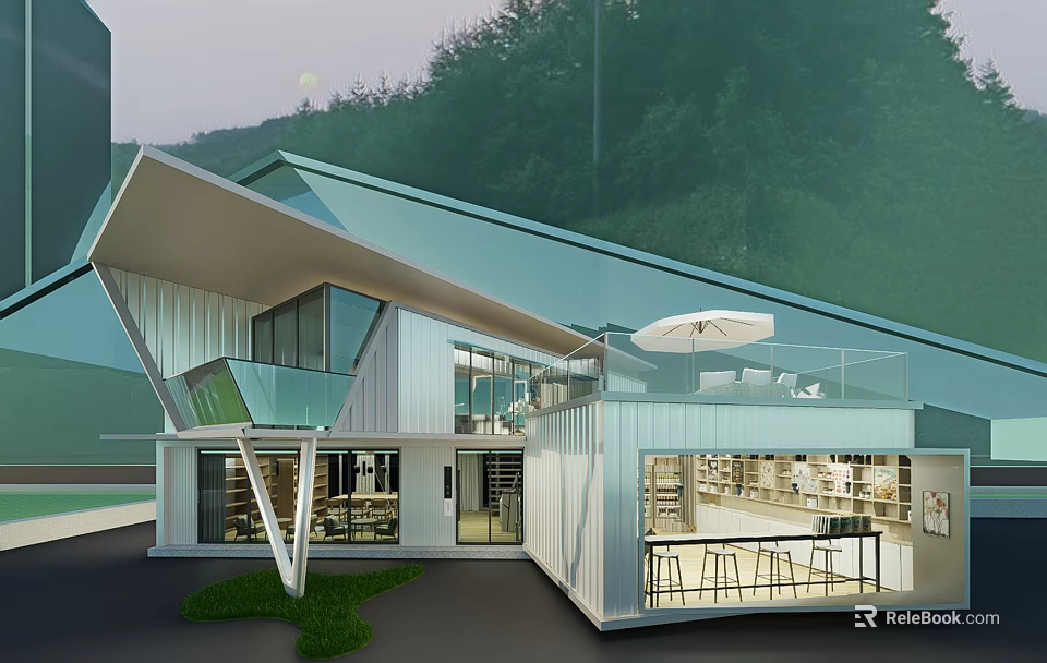 Modern Pavilion With Glass Facade Interior Reading Area Outdoor Terrace And Green Mountain Views 3d model 
