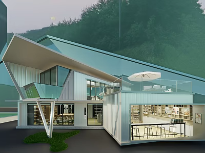 Modern Pavilion With Glass Facade Interior Reading Area Outdoor Terrace And Green Mountain Views 3d model