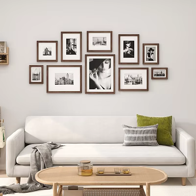 Stylish Photo Wall In Living Room With Multiple Frames And Various 3d model
