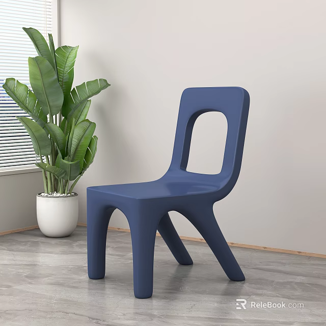 Blue Plastic Single Chair with Green Plant and Blinds in Modern Indoor Space 3d model 