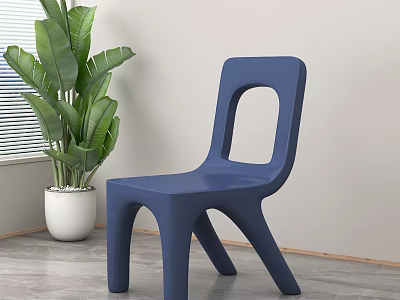 Blue Plastic Single Chair with Green Plant and Blinds in Modern Indoor Space 3d model