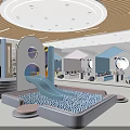 Hotel Lobby Interior With Wooden Ceiling Curved Structure Reception Desk And Colorful Children's Area