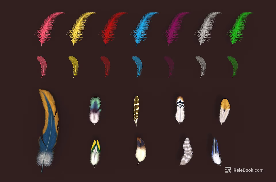 Colorful Feather Decorative Ornament Set Featuring Various Colors And Different Patterns For Home Decor 3d model 