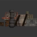 Vintage Storage Scene With Open Suitcase Wooden Table Small Stools Stacked Barrels And Crates