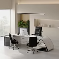 Modern Office Interior With White Curved Desk Black Chairs Green Plants And Large Windows