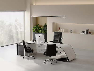 Modern Office Interior With White Curved Desk Black Chairs Green Plants And Large Windows 3d model
