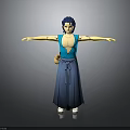 Blue Haired Anime Character 3D Model In Traditional Blue Outfit Standing With Arms Outstretched