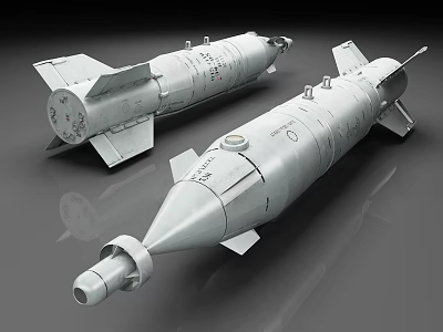 White Military Missiles With Fins Streamlined Body And Markings On Gray Surface 3d model